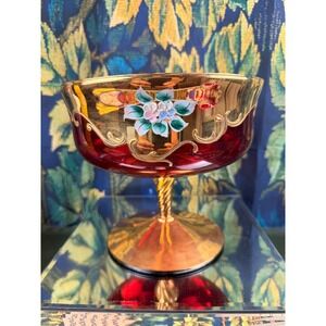 Murano Style Ruby Red Glass Compote Bowl Gold Encrusted Floral Tre Fuochi 7.25in